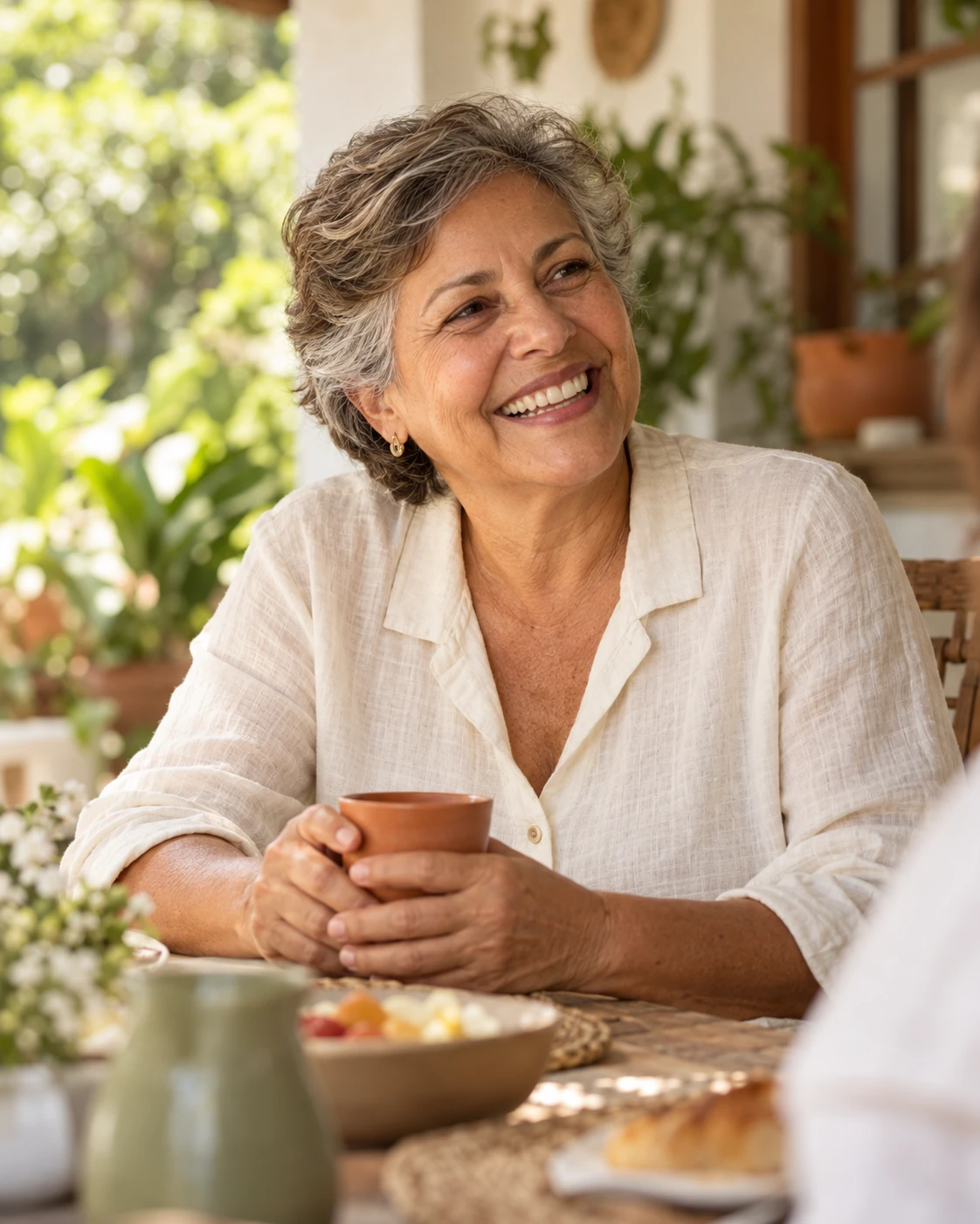 Imagem conceitual gerada por IA: mulher madura sorrindo em um encontro à mesa